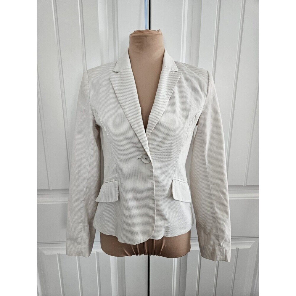 H&M White And Cream Striped Women's Suit Blazer Jacket Size 4 European Size 34